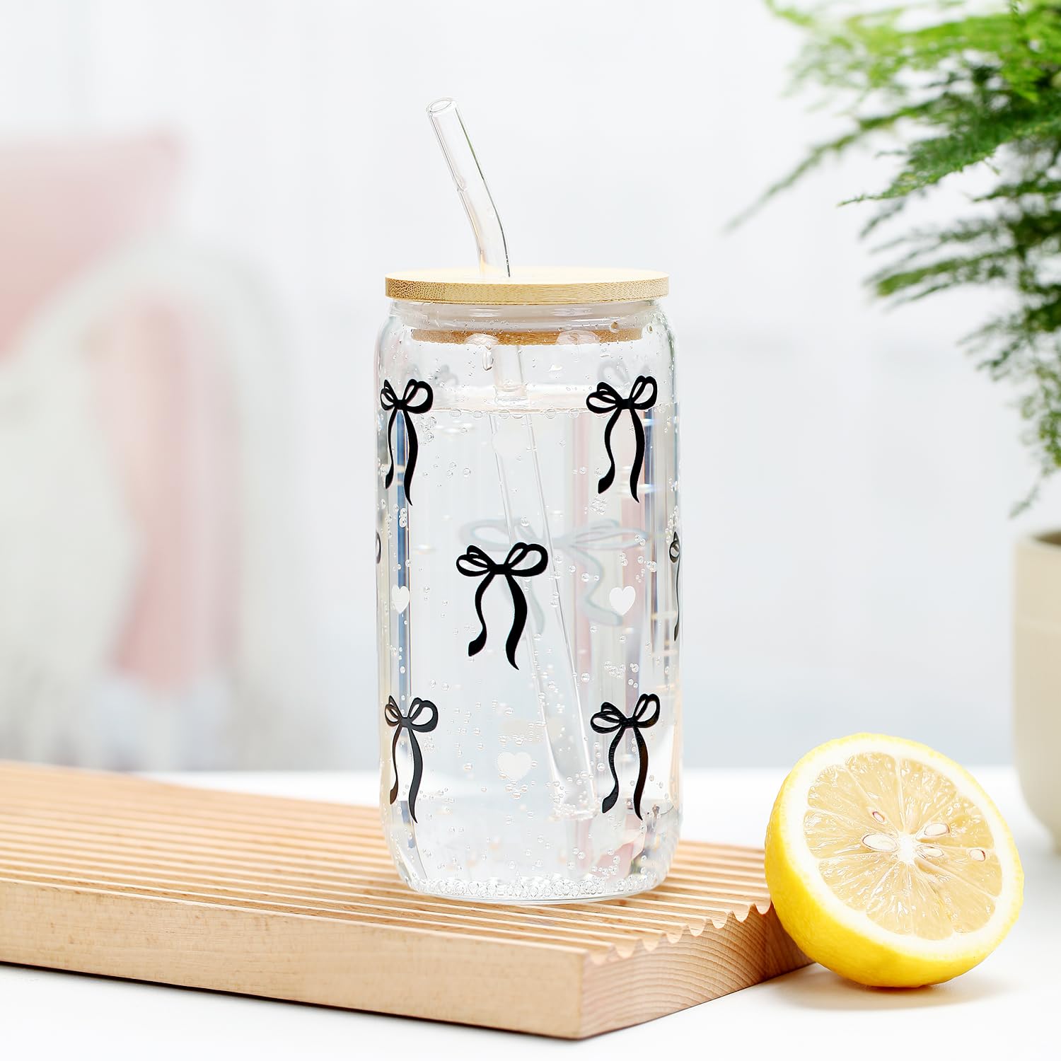 LANGASQUE Coquette Bow Aesthetic Cup With Gift Box 16oz Glass Cup with Lids Straws and Black Bow Iced Coffee Smoothie Cute Tumbler with Cleaning Brush for Girls Bestfriend Sister Girlfriend: Black