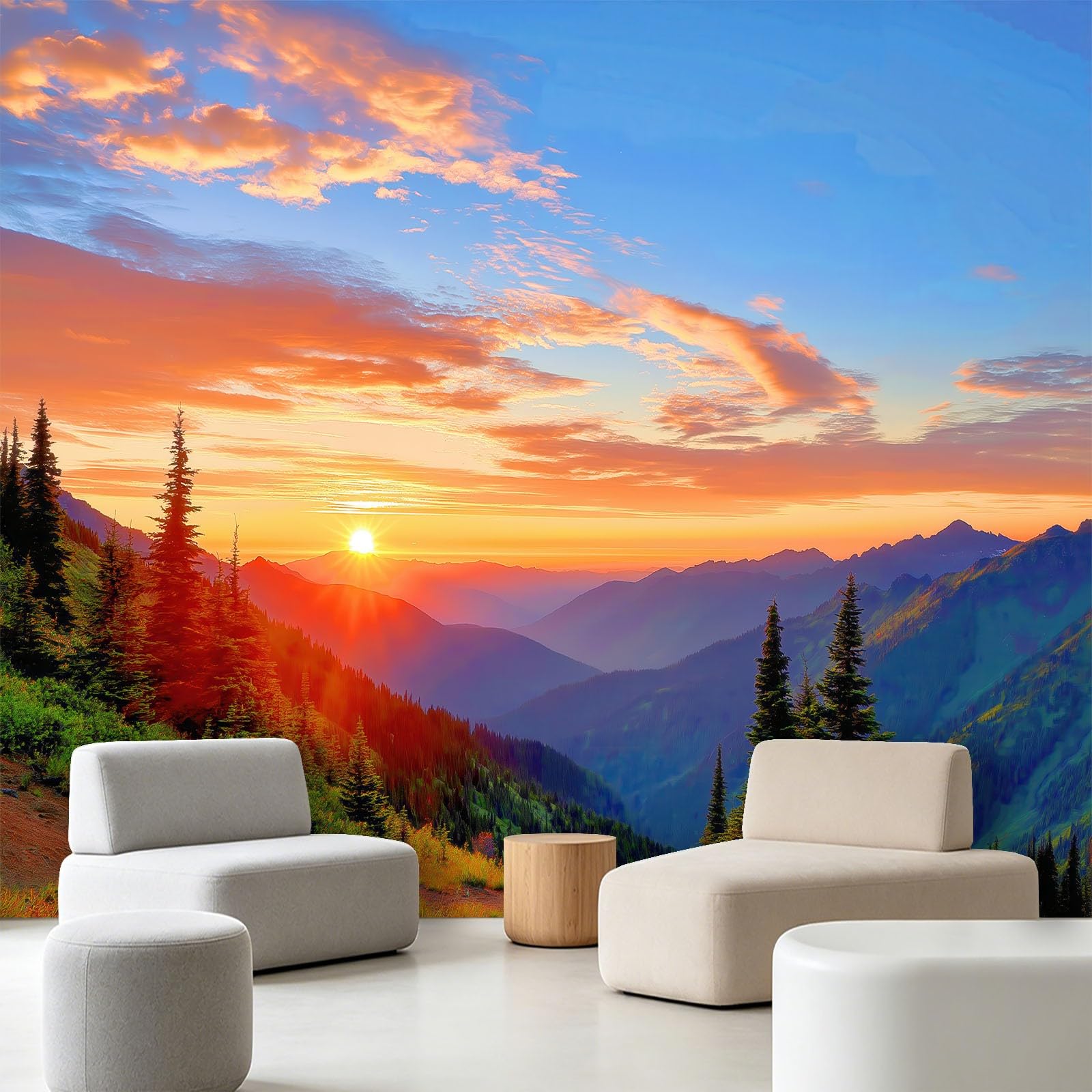 Naturalna sceneria tapeta mural 200 x 140 cm włóknina panoramiczna niestandardowa pokrycie ścian, zachód słońca, różowe chmury, góry, sosny, fototapeta, do salonu, kuchni, jadalni, sypialni, domu