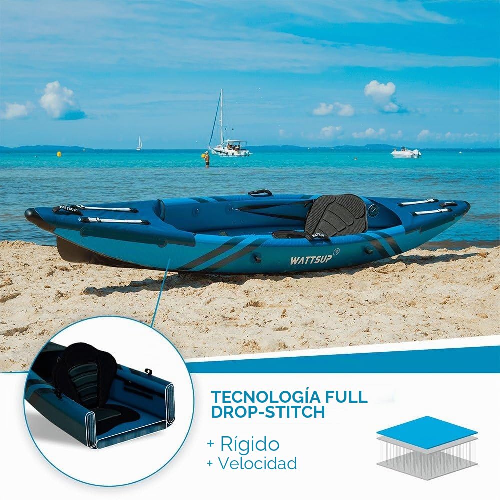 Kayak Inflable Wattsup Torpedo 1 Plaza – 365 x 72 cm (12 x 28) – Dropstitch – MAX 180 kg – Paquete Completo – Todos los Niveles