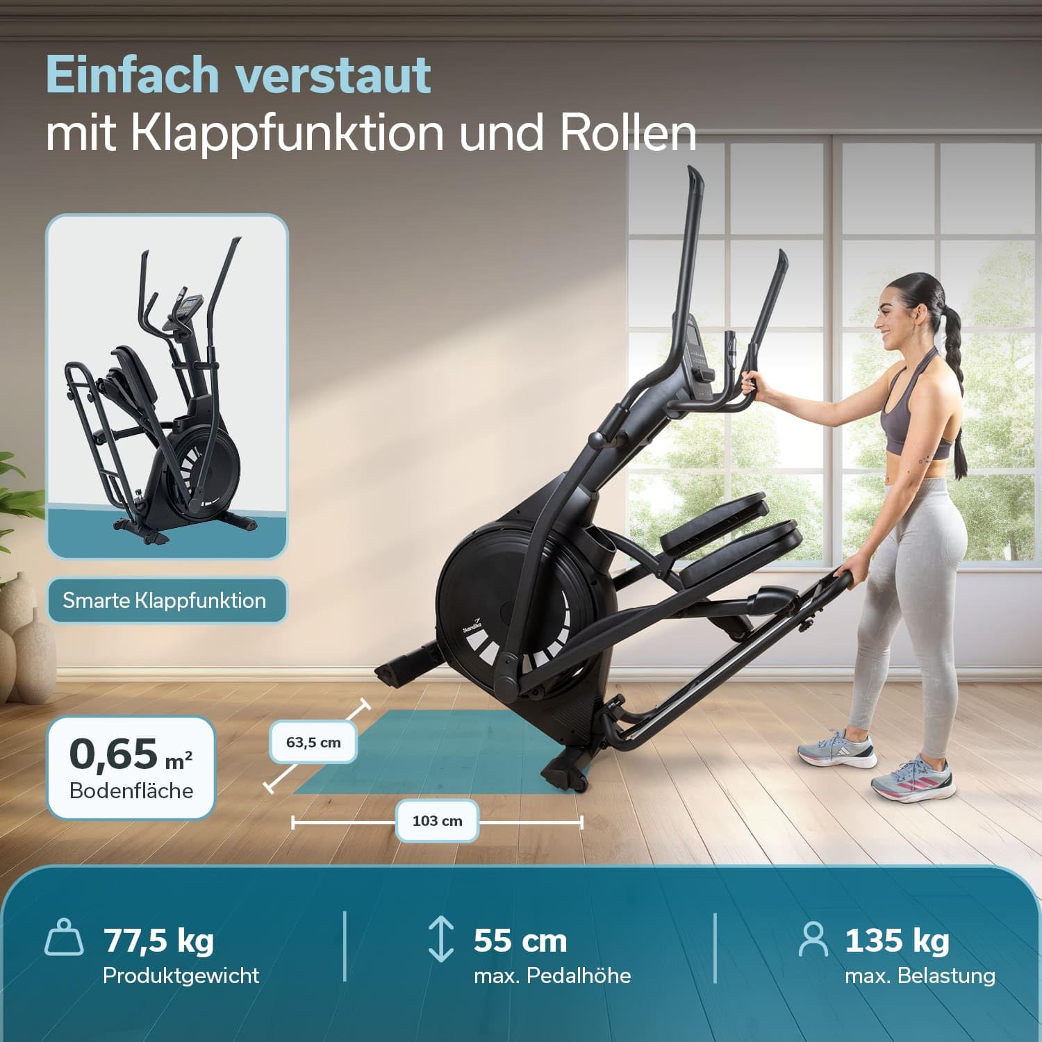 Skandika Crosstrainer für Zuhause Carbon P23 | klappbar, Ellipsentrainer mit 23 Programmen, 16 Stufen, platzsparend, leise, Kinomap App kompatibel, moderner Computer, kompakt, Cardio, Bis 135Kg