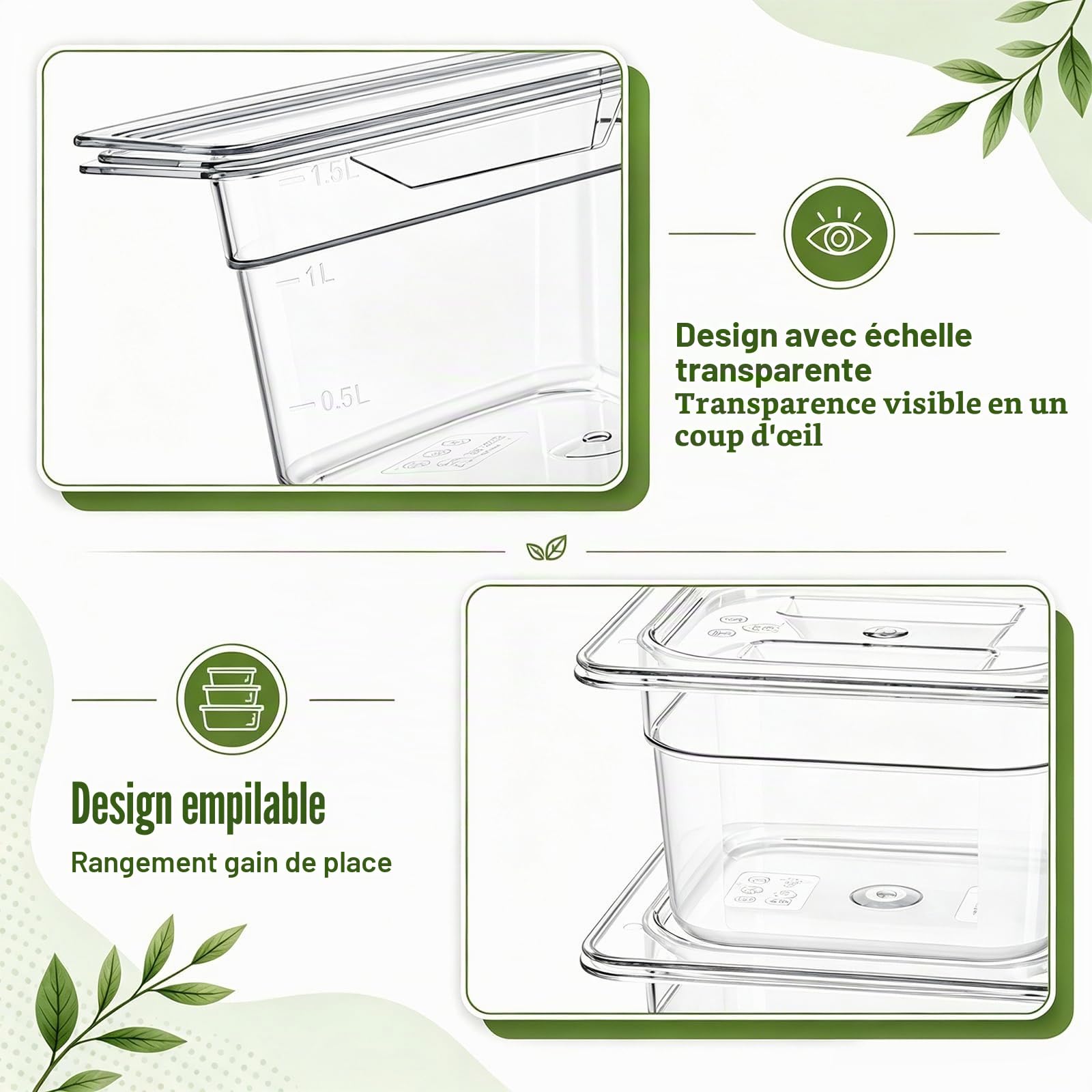 Bekith Lot de 6 poêles Gastronorm 1/6 avec couvercle - En plastique transparent - Pour cuisine, restaurant, bar, préparation - 10 cm de profondeur