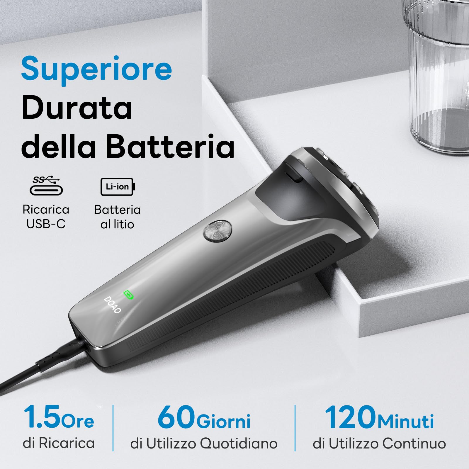 DOAO Rasoio Elettrico Barba, 2024 Aggiornato Rasoio Elettrico Uomo 2 in 1 Impermeabile Senza Filo Rotante per il Viso, Rasatura Wet & Dry (A3)
