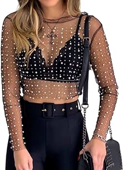トップス yokochan Pearl Circular Blouse Women's Pearl See Through Long Sleeve Mesh Blouse Round Neck