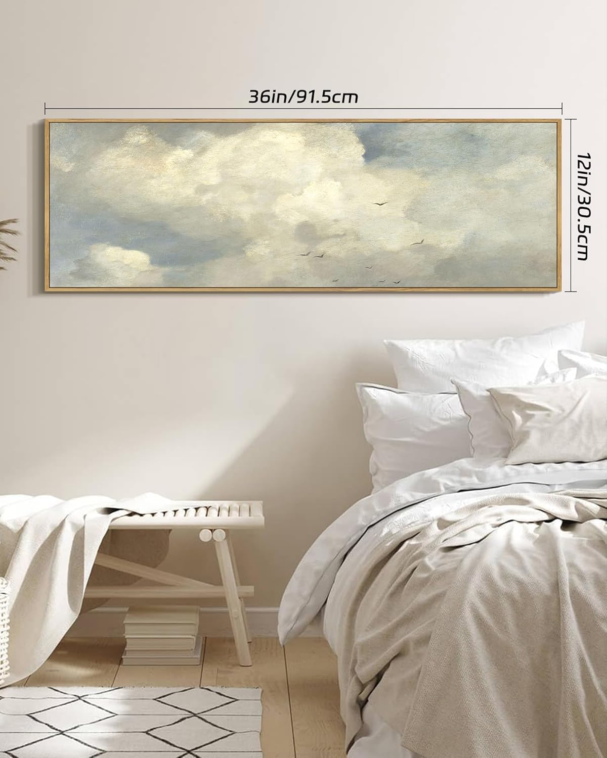 shenify vintage landscape framed wall art sky cloud nature farmhouse decor retro classical painting for hallway bedroom living room dining room - 12x36in natural framed