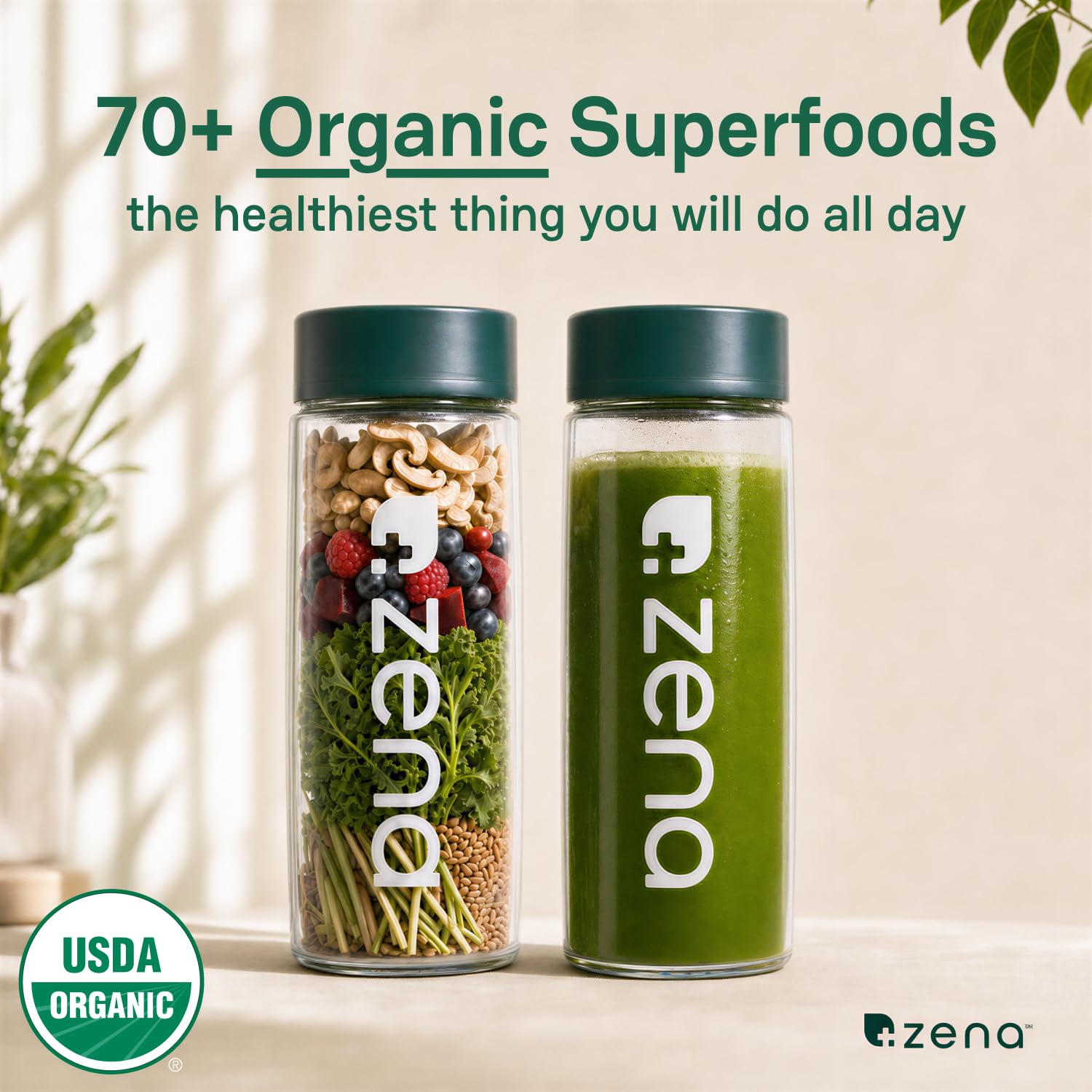 Zena Organic Super Greens Powder, 70+ Superfoods Drink Mix, 0 Sugar, 3G Fiber, Fruits, Veggies, Spirulina, Chlorella, Antioxidants, Pre & Probiotics, Digestive Enzymes, Mixed Berry Flavor, 45 Servings — Amazon image 4