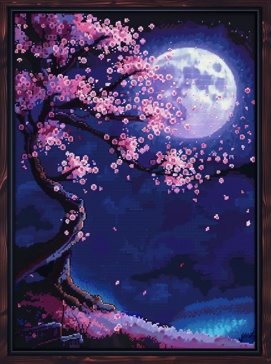 Cherry Blossom Tree Under Moonlight DIY 5D Diamond Paint Kits for