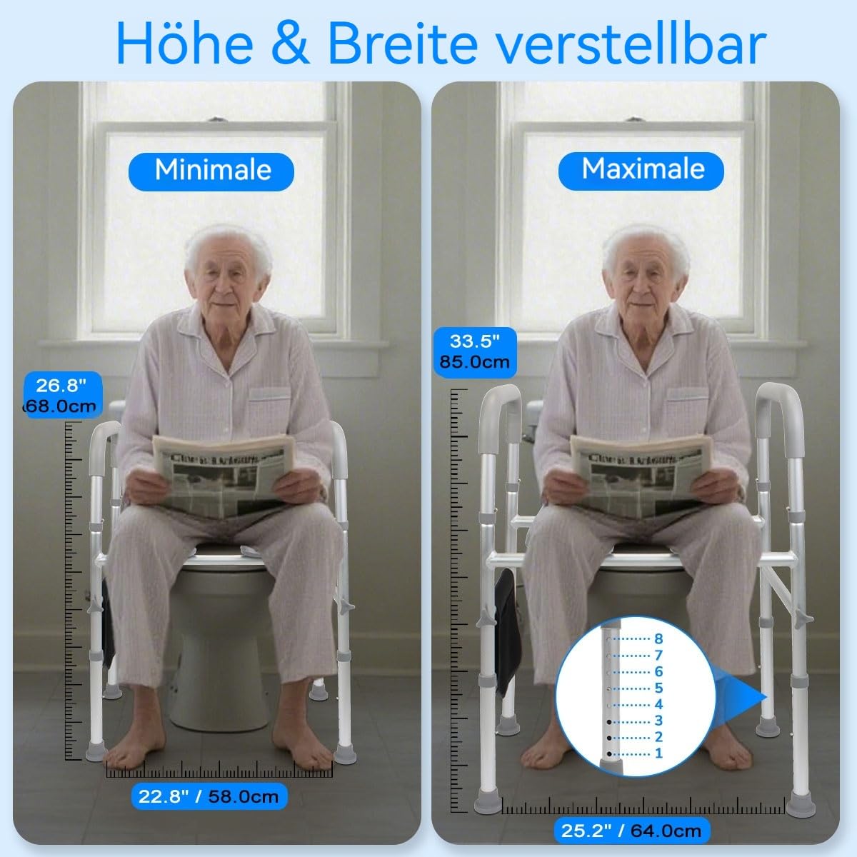 Toilettensitzerhöhung mit Armlehnen, Toilettenerhöhung Senioren 8-Stufen 68-85cm mit Rutschfeste Griffe, WC Sitzerhohung mit Griff für Senioren bis 150kg