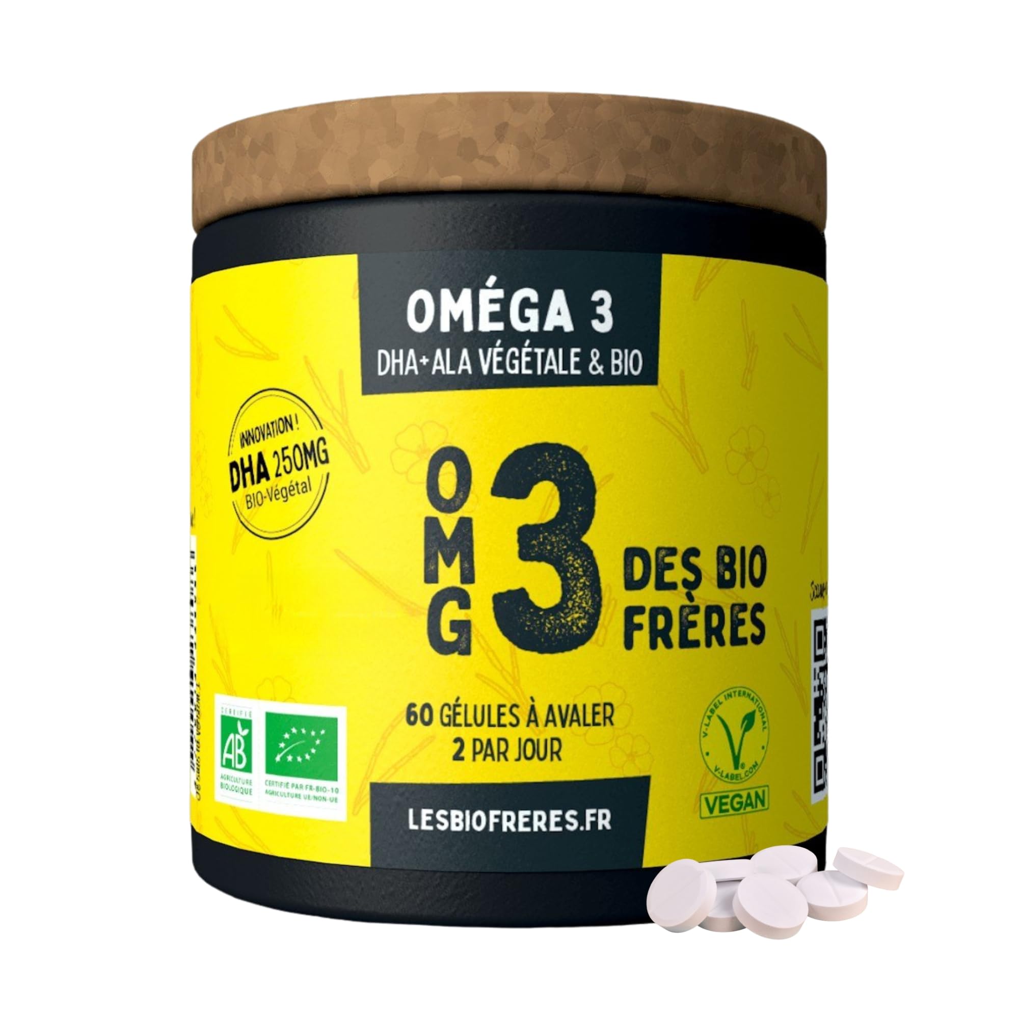 Oméga 3 Vegan & Bio - 250 mg DHA + 200 mg ALA - Microalgue & Huile de Lin Française - Cerveau & Vision - 1er DHA Certifié Bio - Fabrication Française - Cure 1 Mois (60 Gélules)