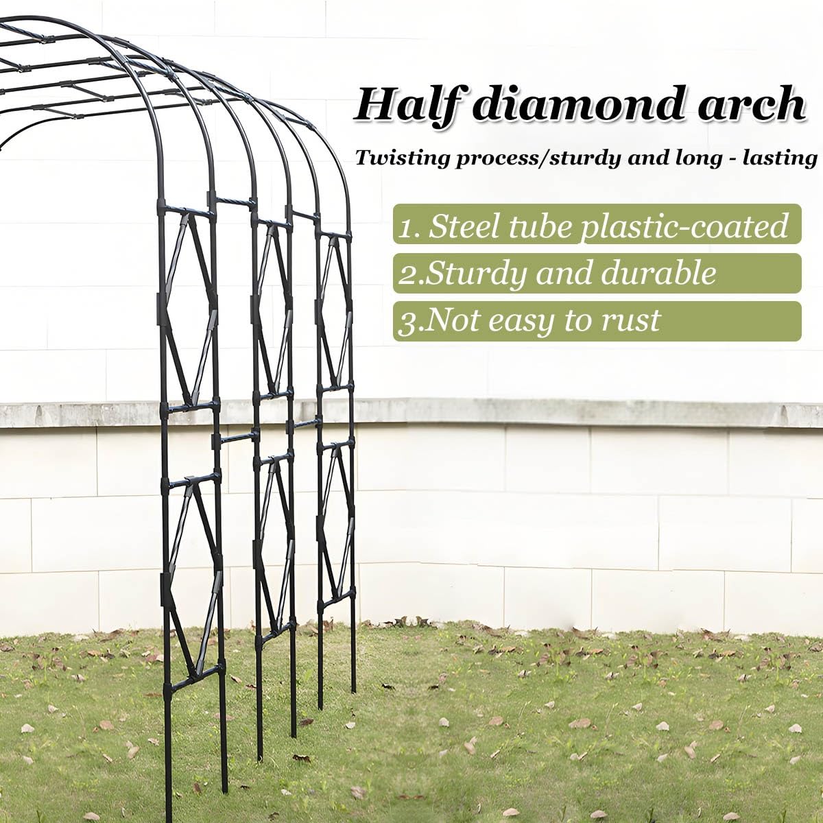Zewnętrzny metalowy łuk ogrodowy – odporna na warunki atmosferyczne róża kratka do roślin pnących, 3,0 x 2,4 m, elegancki czarny design, idealna do dekoracji ogrodu i wsparcia.