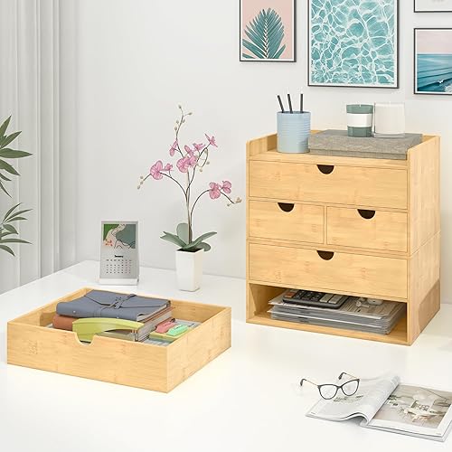 Miniatura 7 de Organizador de cajones de escritorio de bambú, organizador de escritorio grande con cajones, caja de organización de almacenamiento de mesa para