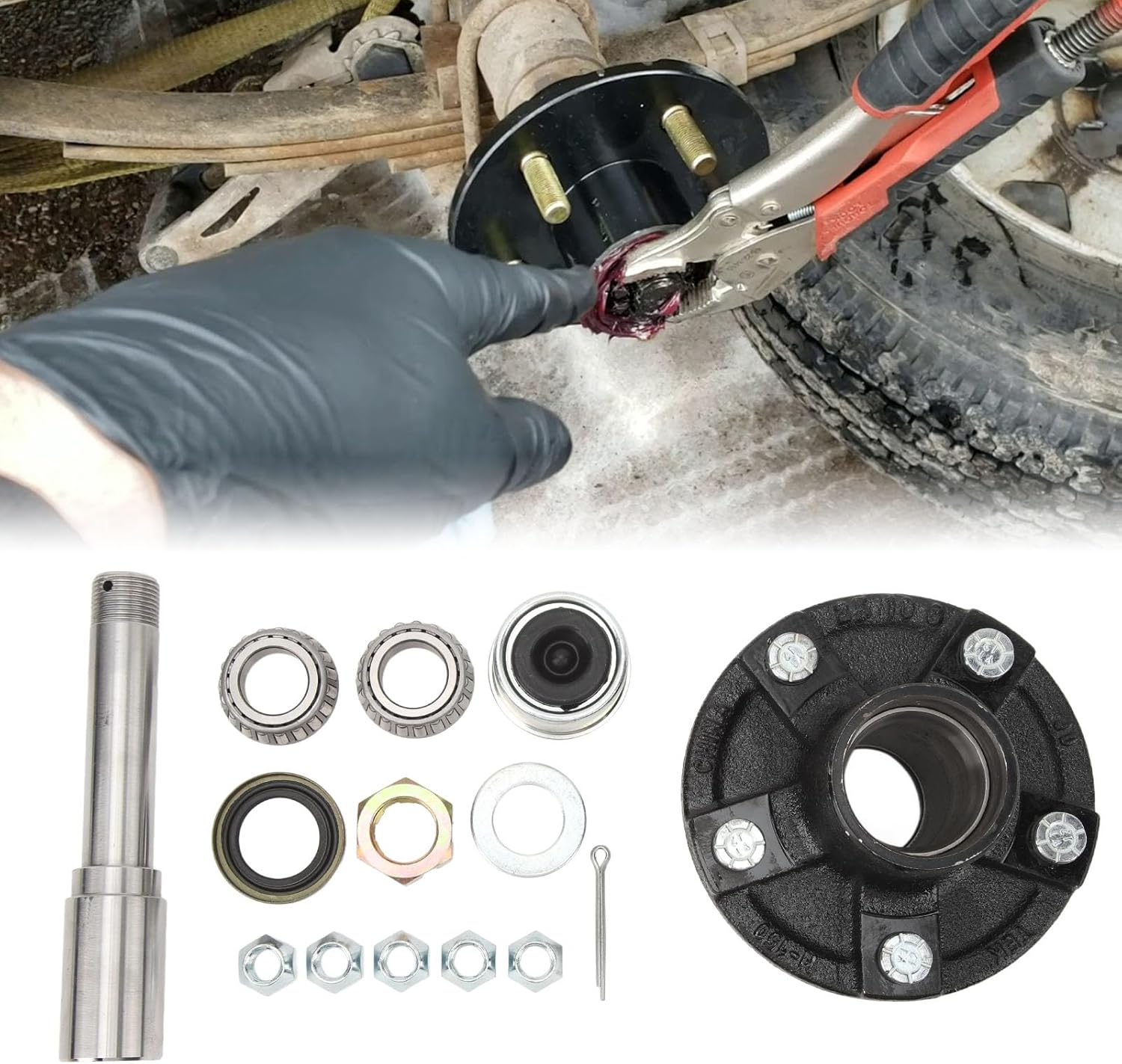 2000Lbs Trailer Axle Kits Set, Spindle with 5 Bolt On 4.5in Idler Hub 1in Round BT8 Spindle Wheel Hub Kit for Cargo Boat Trailer