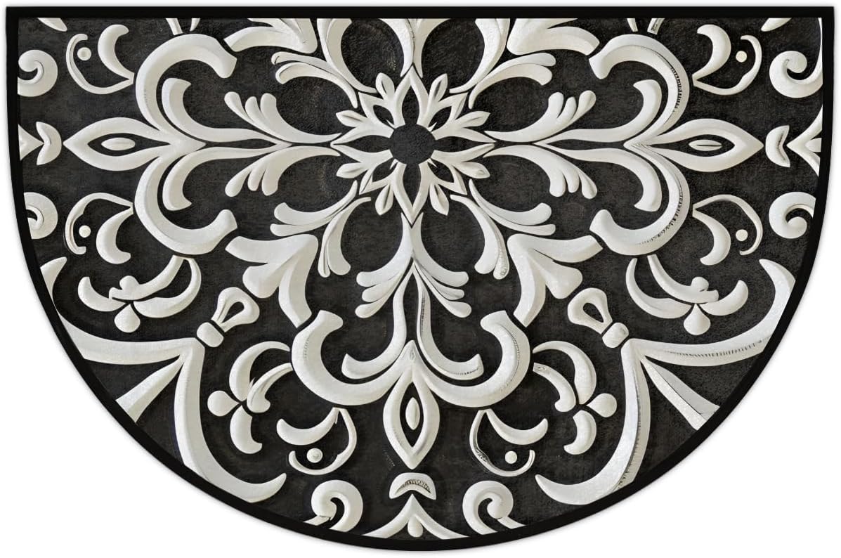 Mandala Boho Half Moon Rug White Black Mandala Half Round Door Mat Washable Half Circle Area Rugs Indoor Entrance Non Slip Semi Circle Bathroom Rugs Floor Carpet for Kithen Bedroom Fireplace Decor