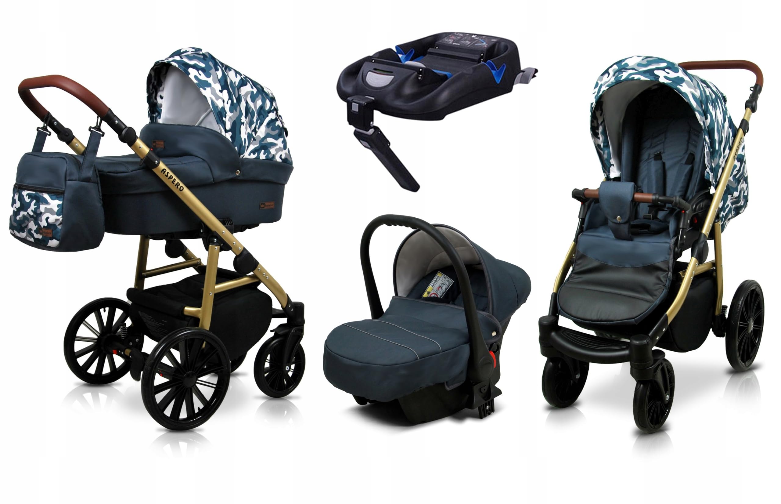 BabyLux® Wózek dziecięcy kompletny zestaw 4 w 1 - Aspero - w tym gondola dla niemowląt, wędka, fotelik samochodowy, podstawa ISOFIX - system kombinowany dla niemowląt, z torbą do przewijania itp.