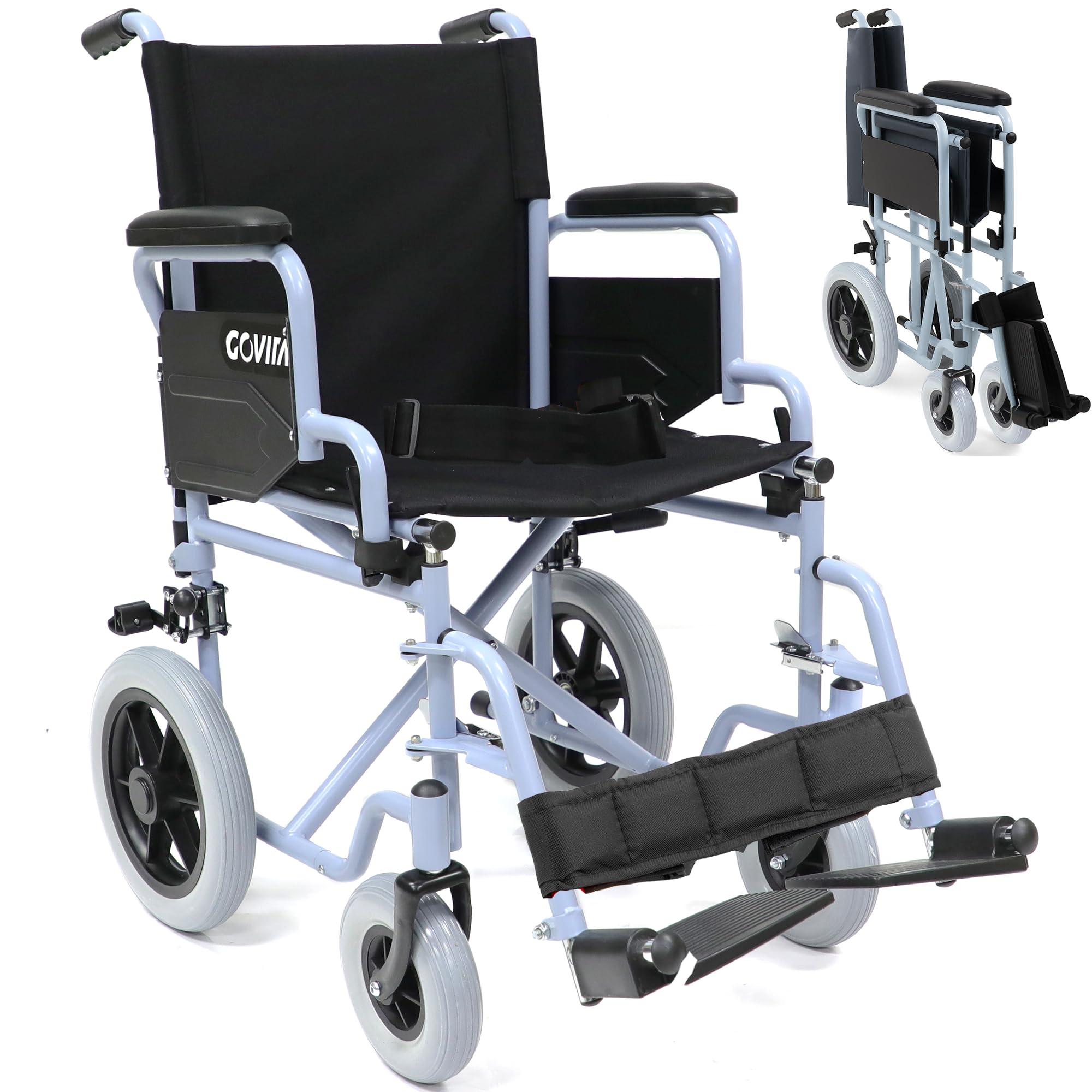 GOVITA - Sedia a rotelle pieghevole da transito leggera - Carrozzina richiudibile per disabili ed anziani, doppio sistema di stazionamento,Cintura di sicurezza,Garanzia Italia 24 mesi