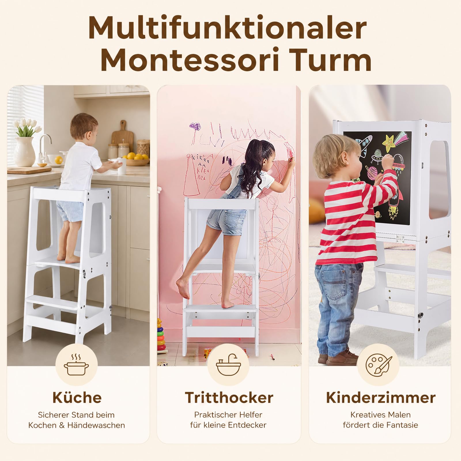 Lernturm ab 1 Jahr, Klappbarer Learning Tower mit Tafel & Stifte-Set | 3 in 1 Learning Tower für Kinder, 50kg Belastbar Trittschemel, Multifunktion Montessori Entdeckerturm für Küche & Bad