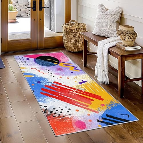 Miniatura 16 de Memphis Style Runner Rug 4x12 - Hallway Runner Rug 80s 90s Retro Geometric Pattern, Non Slip, Washable, Memphis Style Home Decor Carpet for Kitchen,