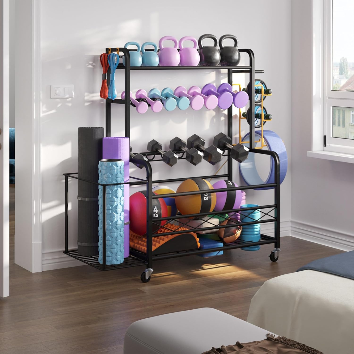 YITAHOME Weight Rack for Home Gym, Multi-Purpose Gym Storage Organizer for Yoga Mat Ball Rollers, Kettlebell Dumbbell Rack Weight Stand with Casters YITAHOME Weight Rack for Home Gym, Multi-Purpose Gym Storage Organizer for Yoga Mat Ball Rollers, Kettlebell Dumbbell Rack Weight Stand with Casters
