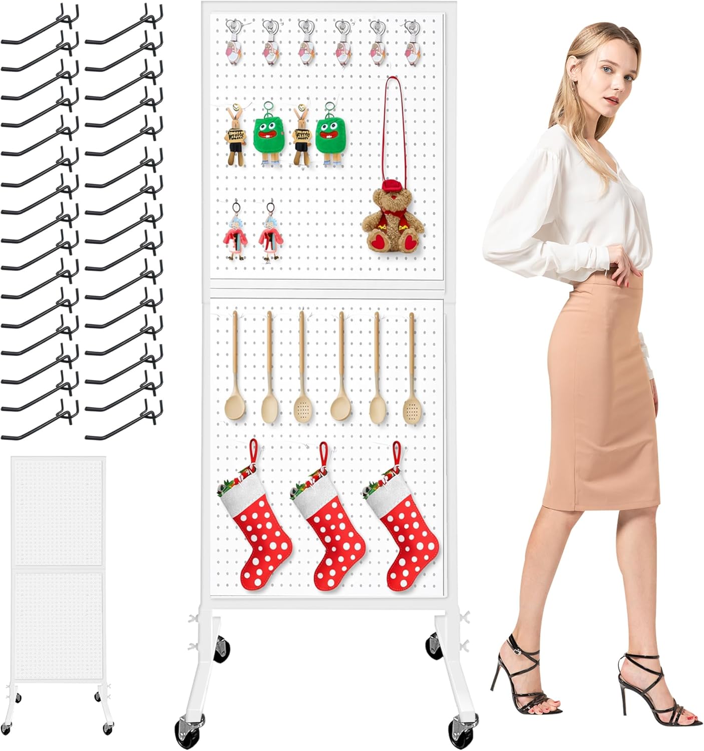 Royxen Standing Pegboard Display with T-Base, 2 x 5.4 Feet Metal Pegboard Display Stand with 30 Hooks, Peg Board Panels with Wheels for Vendors, Home and Retail Store (White)