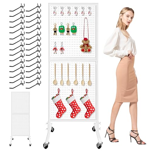 Royxen 2' x 5.6' Large Standing Pegboard Display with T-Base, Metal Pegboard Display Stand with 30 Hooks, Peg Board Panels with Wheels for Vendors, Home and Retail Store (White)