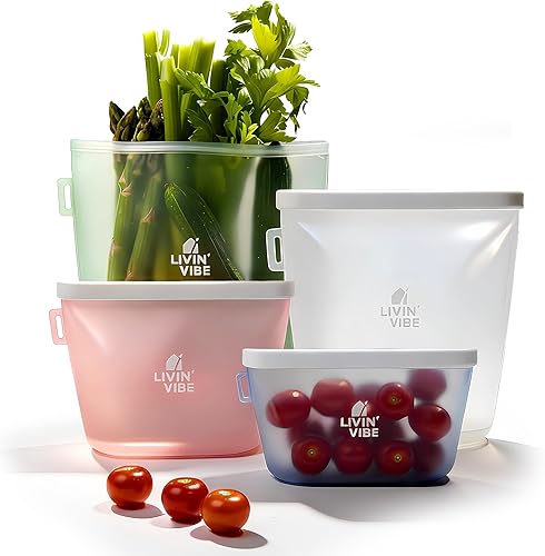 Bolsas reutilizables de silicona para almacenamiento de alimentos, juego de 4 multicolor (17 onzas, 33.8 fl oz/34 onzas, 50.7 fl oz/51 onzas, 67.6