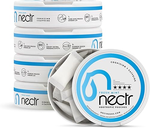 NECTR Bolsas de energía nootrópicas Menta fresca 250 mg de Cognizin 120 mg de Caffiene 16 bolsas Sin nicotina Sin azúcar Paquete de 5 latas