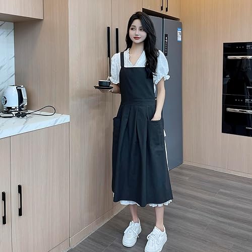 Miniatura 2 de Pinafore - Delantal, de lino y algodón japonés, con espalda cruzada para mujer, con bolsillos, vestido con lazos en la cintura (negro)