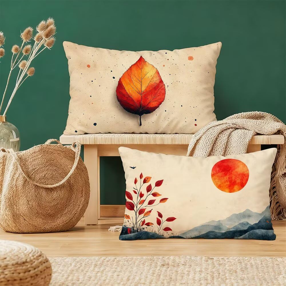 Taie d'oreiller 50x70 cm orange à motif feuille en velours avec zip invisible