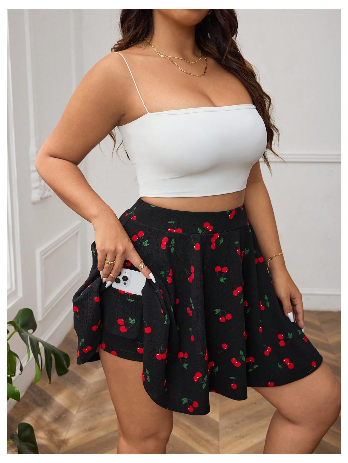 Floerns Falda pantalón corto con estampado de cerezas para mujer, talla grande, cintura alta, pierna ancha