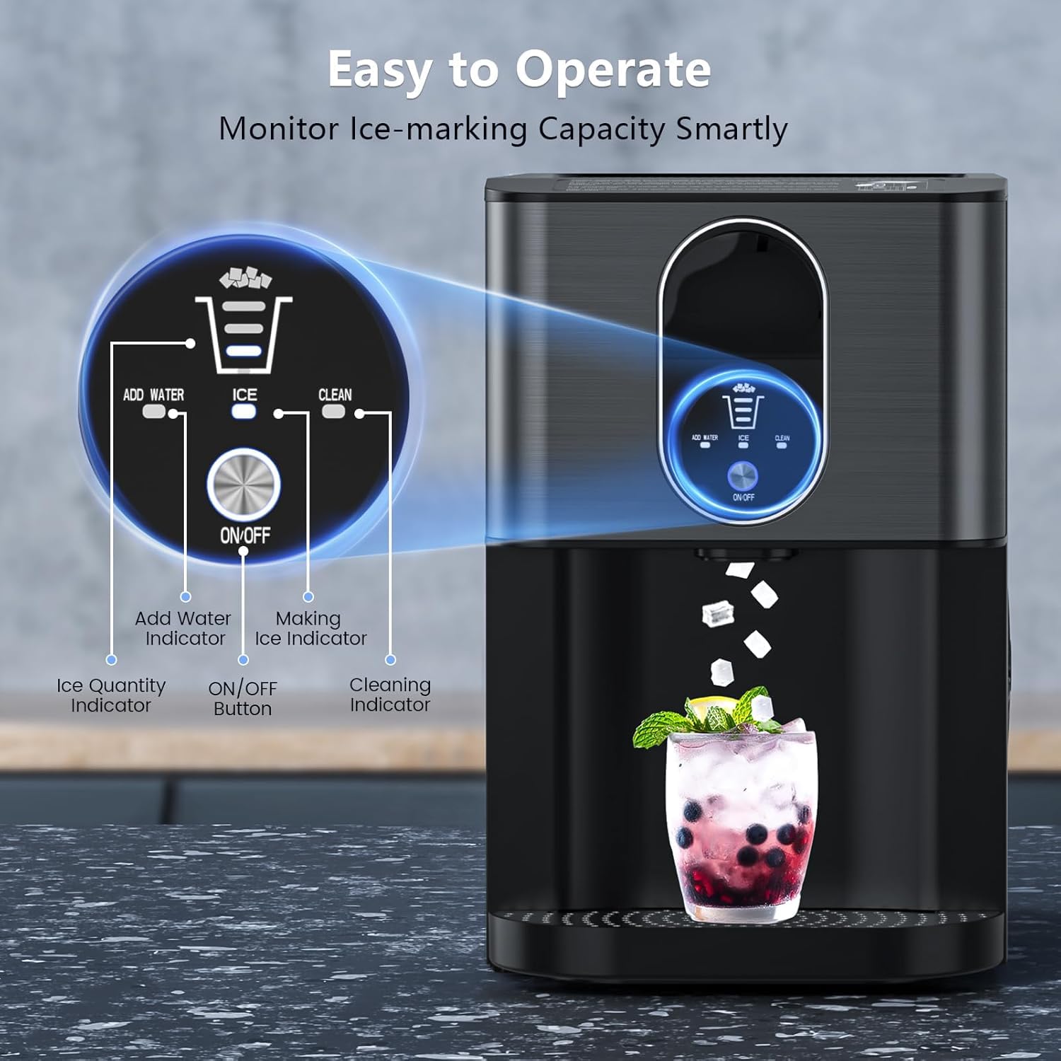 Nugget Ice Makers Countertop, Pellet Ice Maker Machine Dispenser With Water Reservoir, Self-Cleaning, 44lbs/24h Soft Chewable Ice Maker Machine For Home/Kitchen/Office, Black Stainless on Fridge.com - View 3