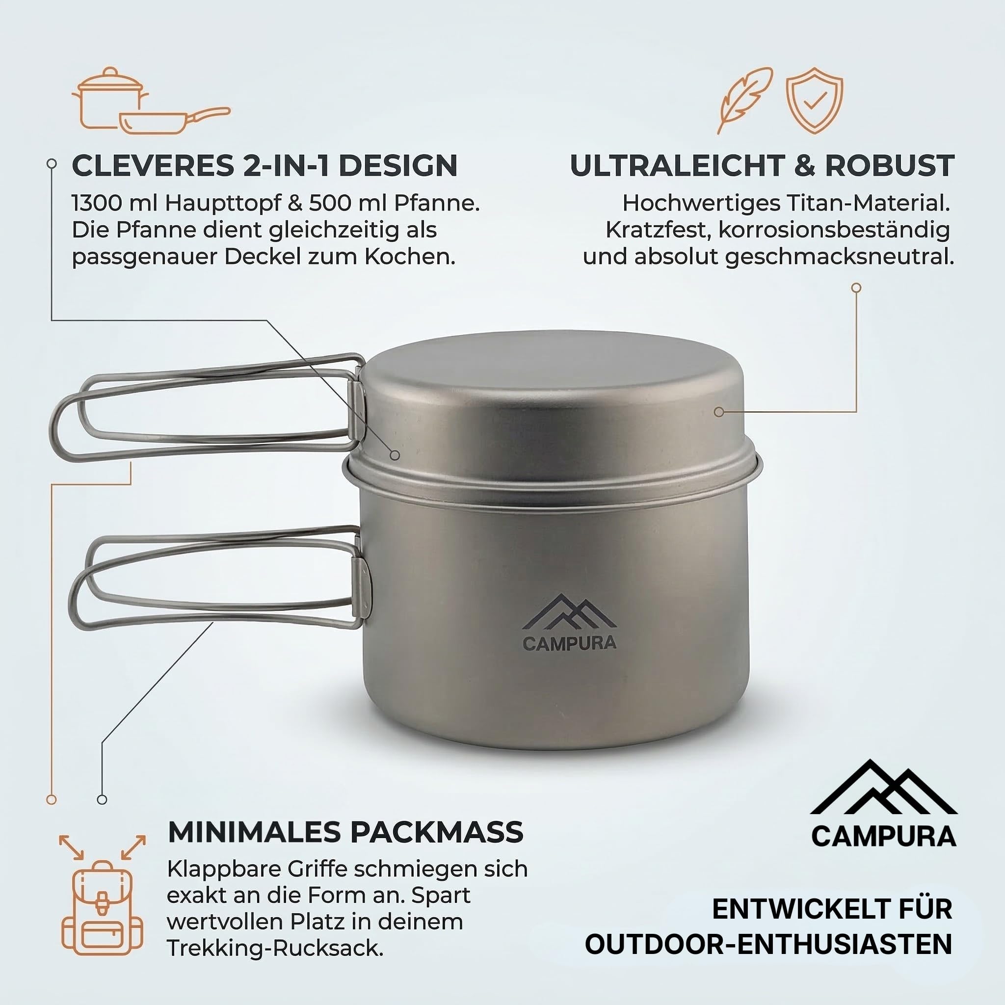 Titan - Juego de cacerolas y cacerolas (1300 ml y 500 ml, ultraligero (240 g), robusto y resistente al calor, compacto con asa y bolsa aislante, ideal para senderismo, camping, supervivencia y