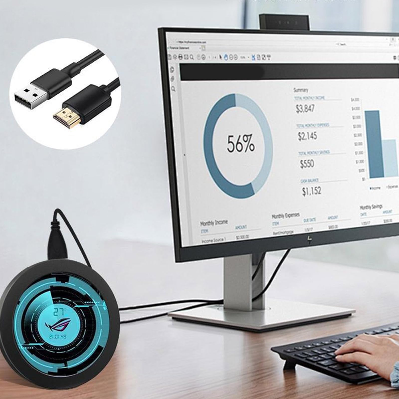 7,1 cm (2,8 Zoll) rundes LCD-Display für Computer-Hardware, UditoryMonitoring über USB Typ C, 480 x 480 Auflösung, Gehäuse-Bildschirm