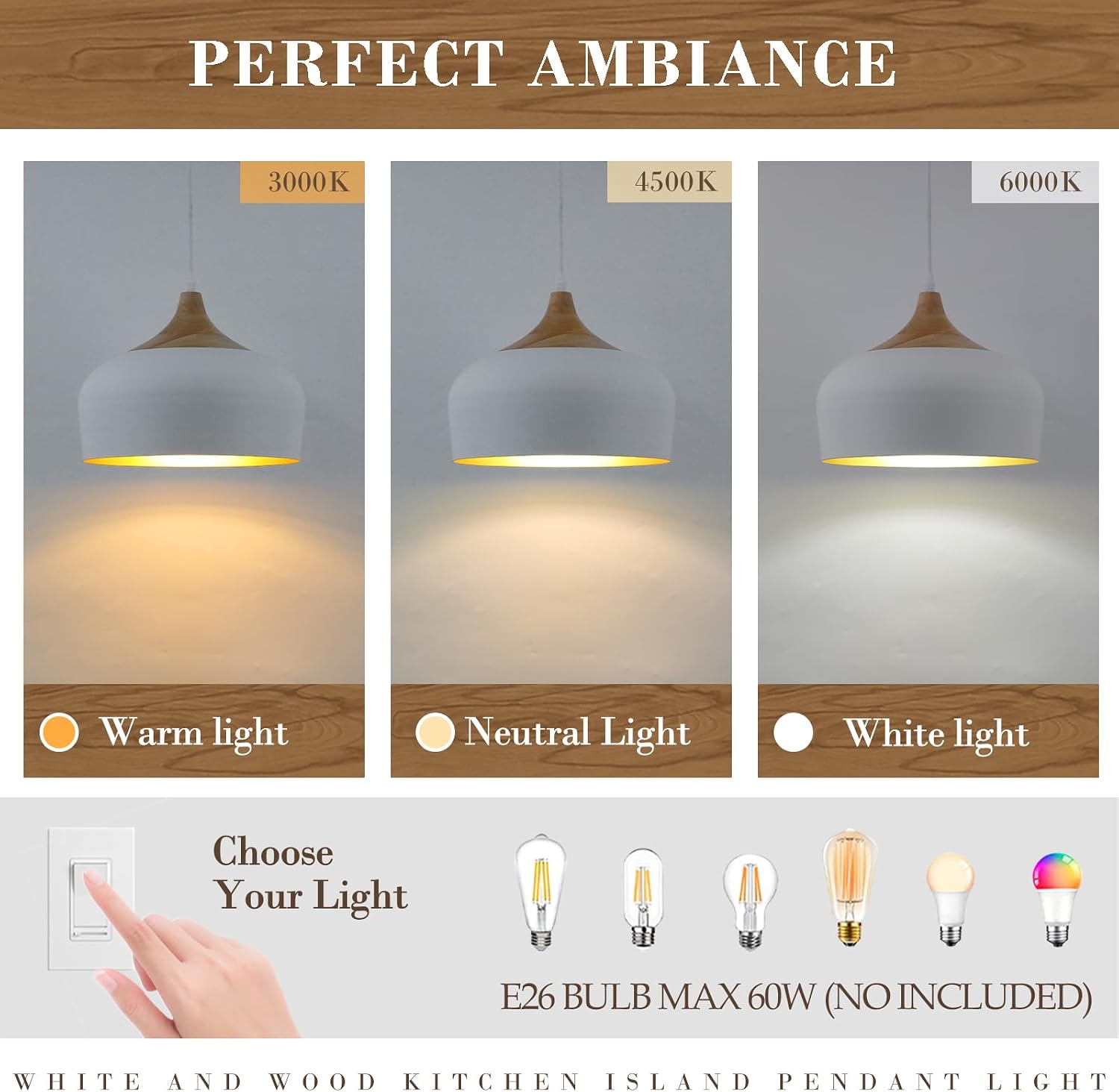 White Pendant Light, 12in Solid Wood Pendant Lights Fixture Adjustable Modern Hanging Lighting, for Kitchen Island Dining Room Sink Bar Office Bedroom