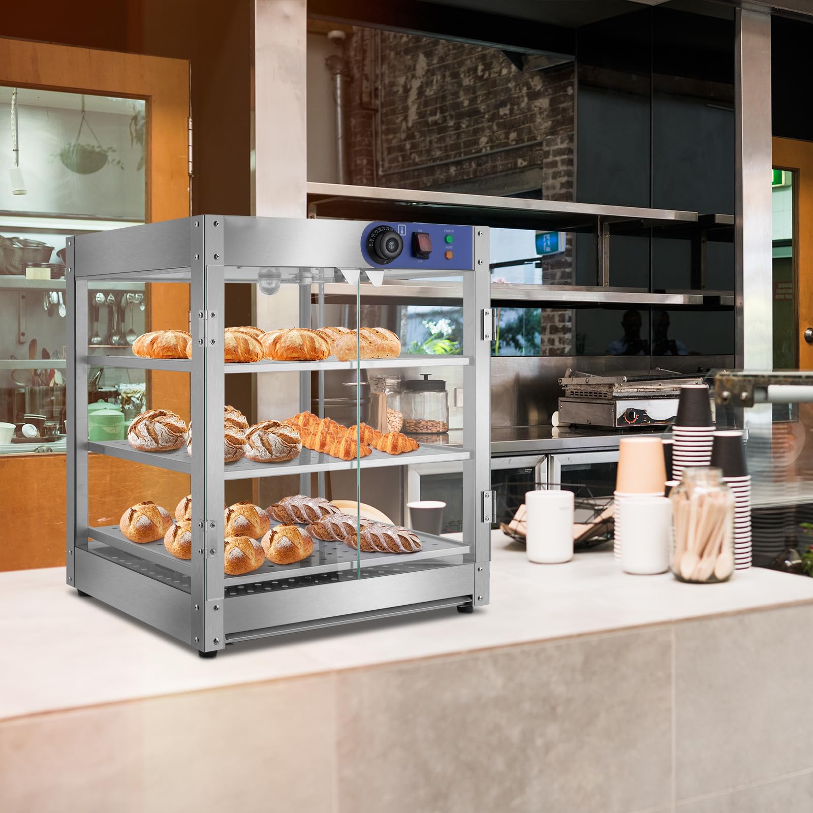 Vetrina riscaldante per Pizza a 3 Livelli, scaldavivande Elettrico da banco Professionale da 800 W con Illuminazione a LED, Ripiani Rimovibili, sportello in Vetro, vetrina per Pasticceria.