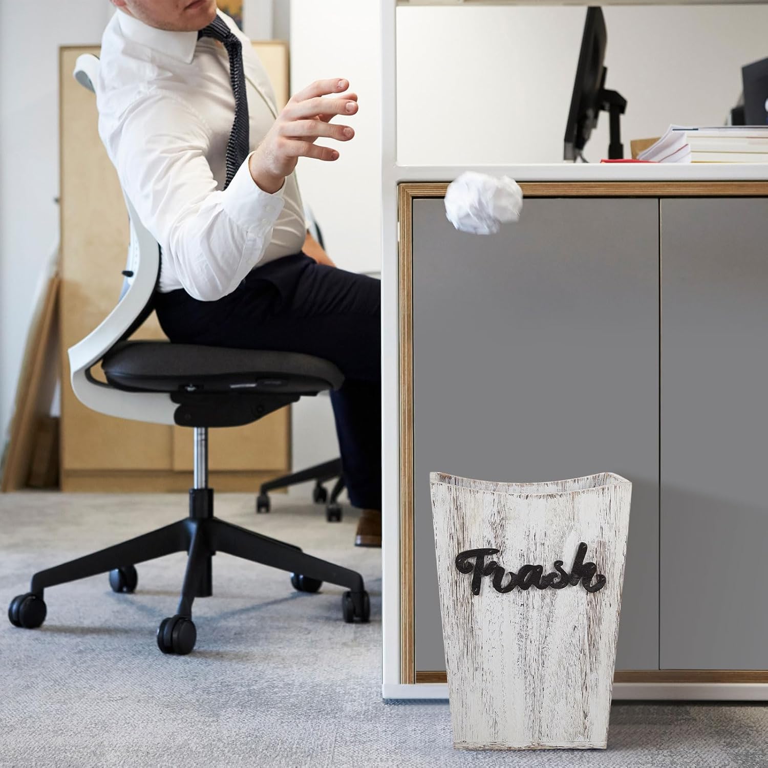 Maxcheck 2 Pcs Farmhouse Bathroom Wood Trash Can, 2 Sizes (3.35/2 Gallons) Rustic Square Wastebasket Bin with Convenient Handle for Bathroom, Kitchen, Bedroom, Office(White)