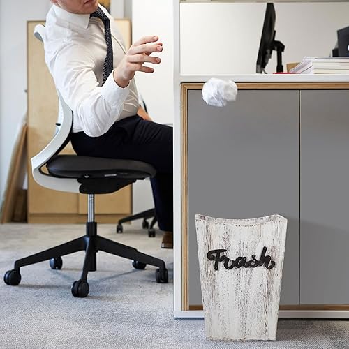 Miniatura 4 de 2 cubos de basura de madera para baño, 2 tamaños, rústico cuadrado con asa práctica para baño, cocina, dormitorio, oficina (blanco)