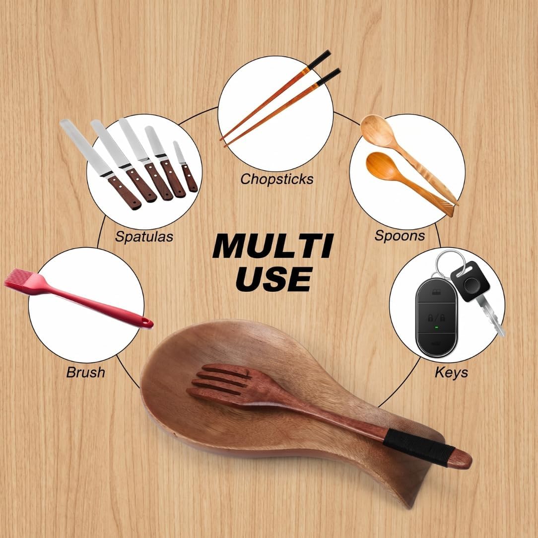 Wood Spoon Rest for Stove Top Bamboo Holder for Spatula Rest for Kitchen, Counter Spoon Holder for Countertop, Modern and Rustic for Farmhouse as Dining Table Decoration (Brown)