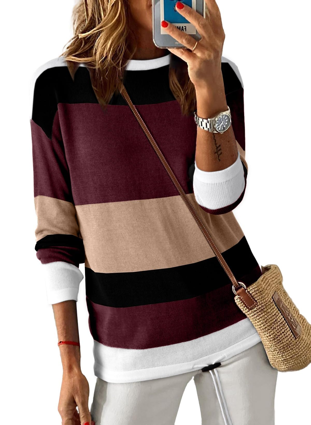 Dokotoo Womens Sweaters Striped Fall Winter Outfits Drawstring Color Block | Long Sleeve,Crewneck,Lightweight Fashion Clothing,Teachers Comfy Outfits,Business Casual Tops,Vacation Wear