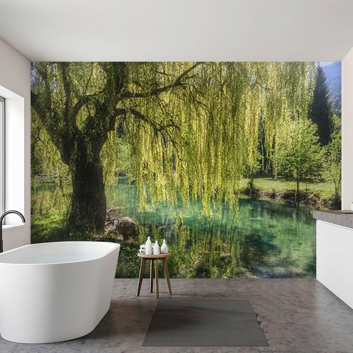 Wall Mural Peel & Stick Spring Weeping Willow Tree Falschauer Creek Ulten Self-Adhesive Wallpaper Removable Wall Decal Wall Sticker Home Decor for Living Room Bedroom 100"x144"