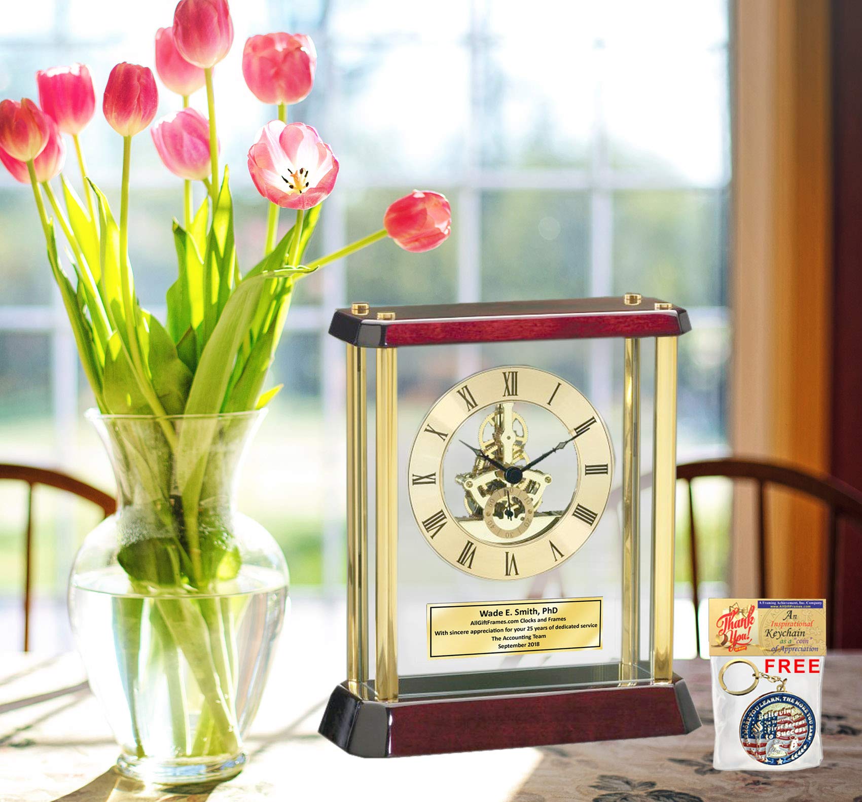 Buy Table Wood Desk Clock Enclosed Glass Brass Pillars Davinci Dial