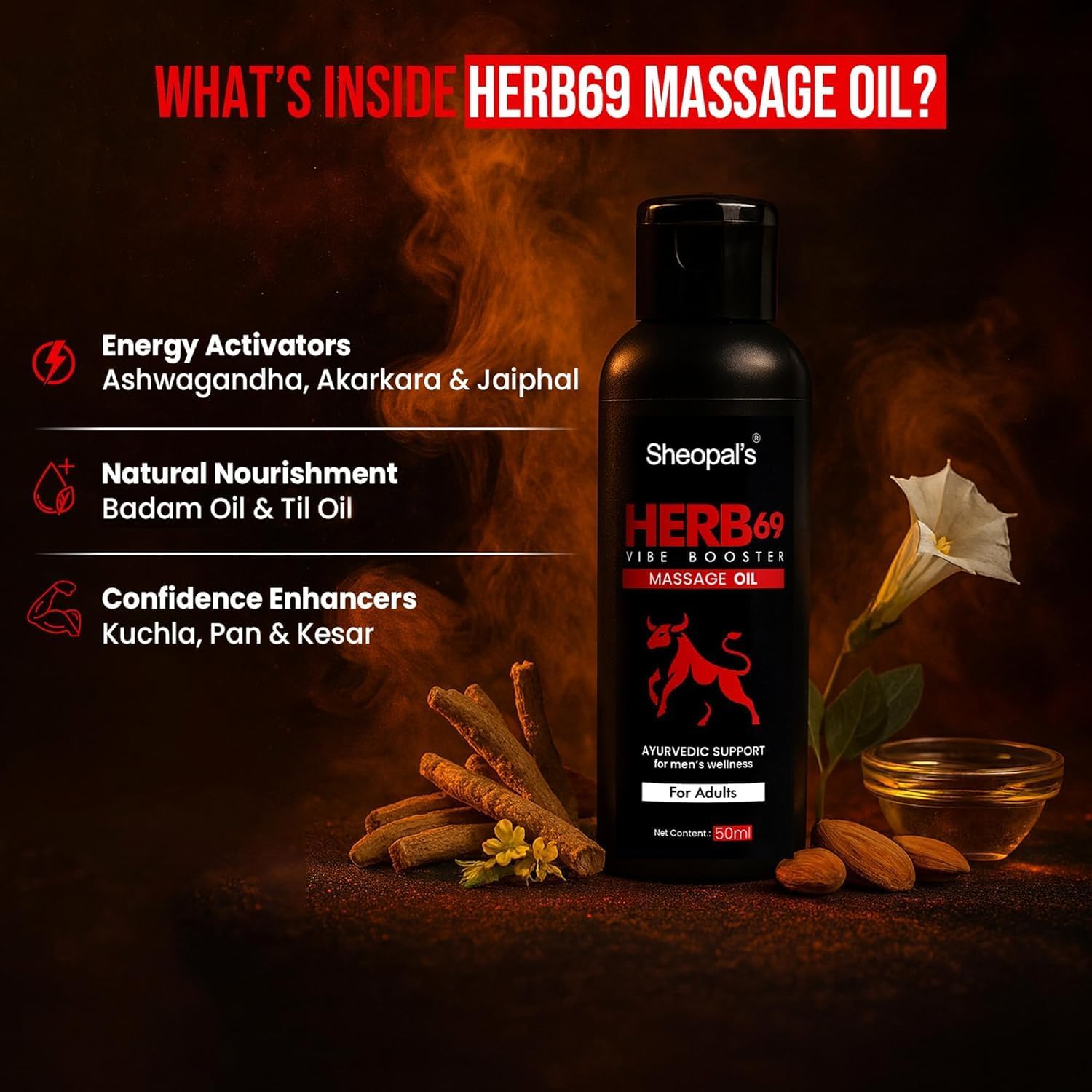 She/op-ALS Herb 69 Vibe Booster Ayurvedic Pens Massage Oil for Men 50 ml Better Then Normal Fire Oil, Power Like Horse with Til & Badam Oil, Kesar, Jaiphal, Ashwagandha and 8 More Powerful Herbs.