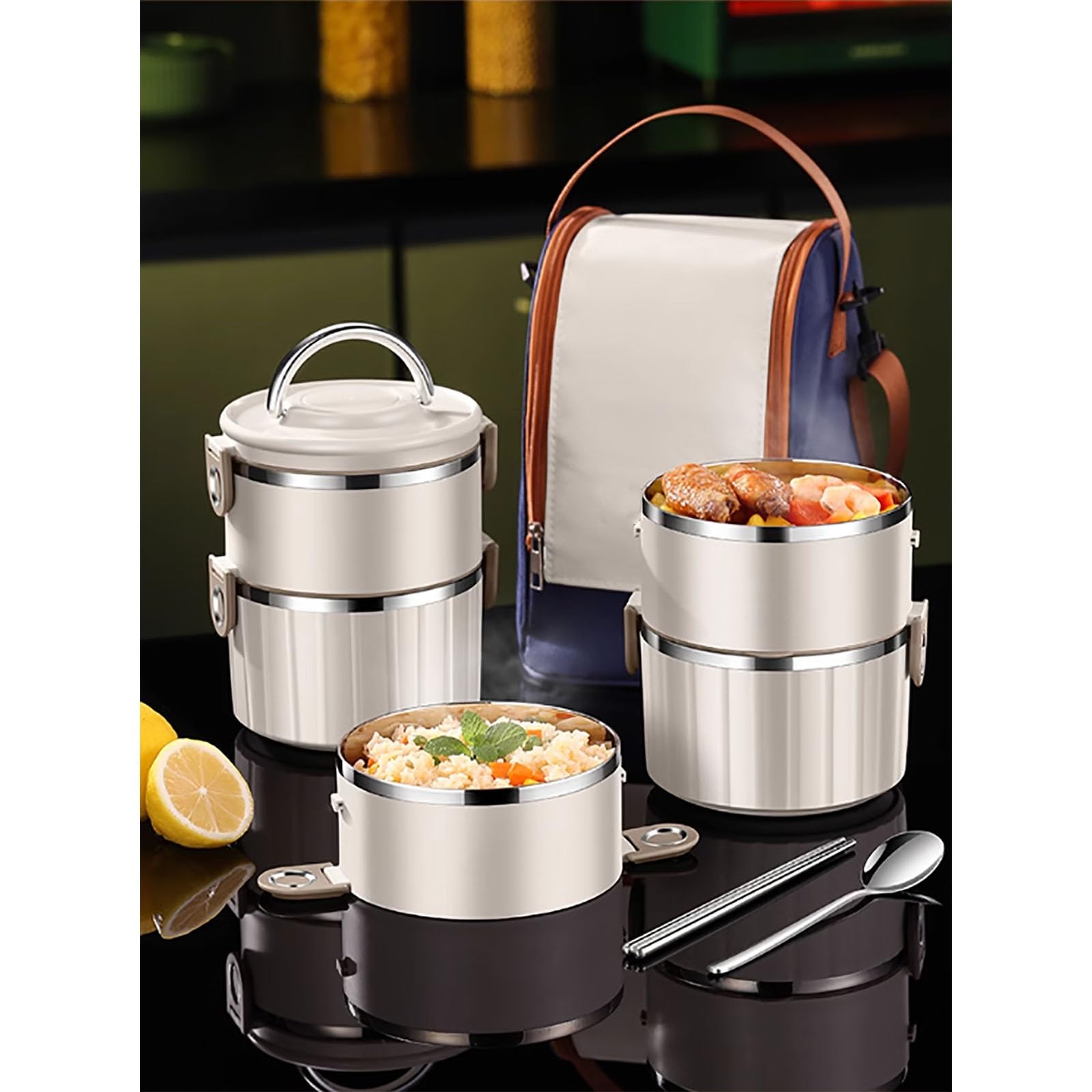 Porta Pranzo, Borse Termiche Porta Pranzo, Bento box in Acciaio inox con Divisori, Lunch box di Grande Capacità con Chiusura Ermetica, con Posate(White,Large)
