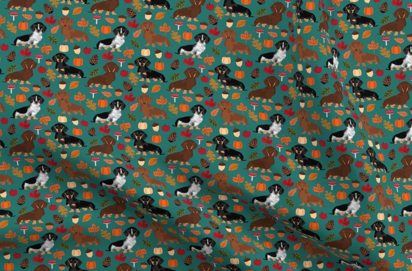Spoonflower Fabric - Dachshund Dogs Autumn Pumpkin Leaves Fall Seasonal Dachshunds Pet Printed on Organic Cotton Sateen Fabric by The Yard - Sewing Quilting Apparel Home Decor
