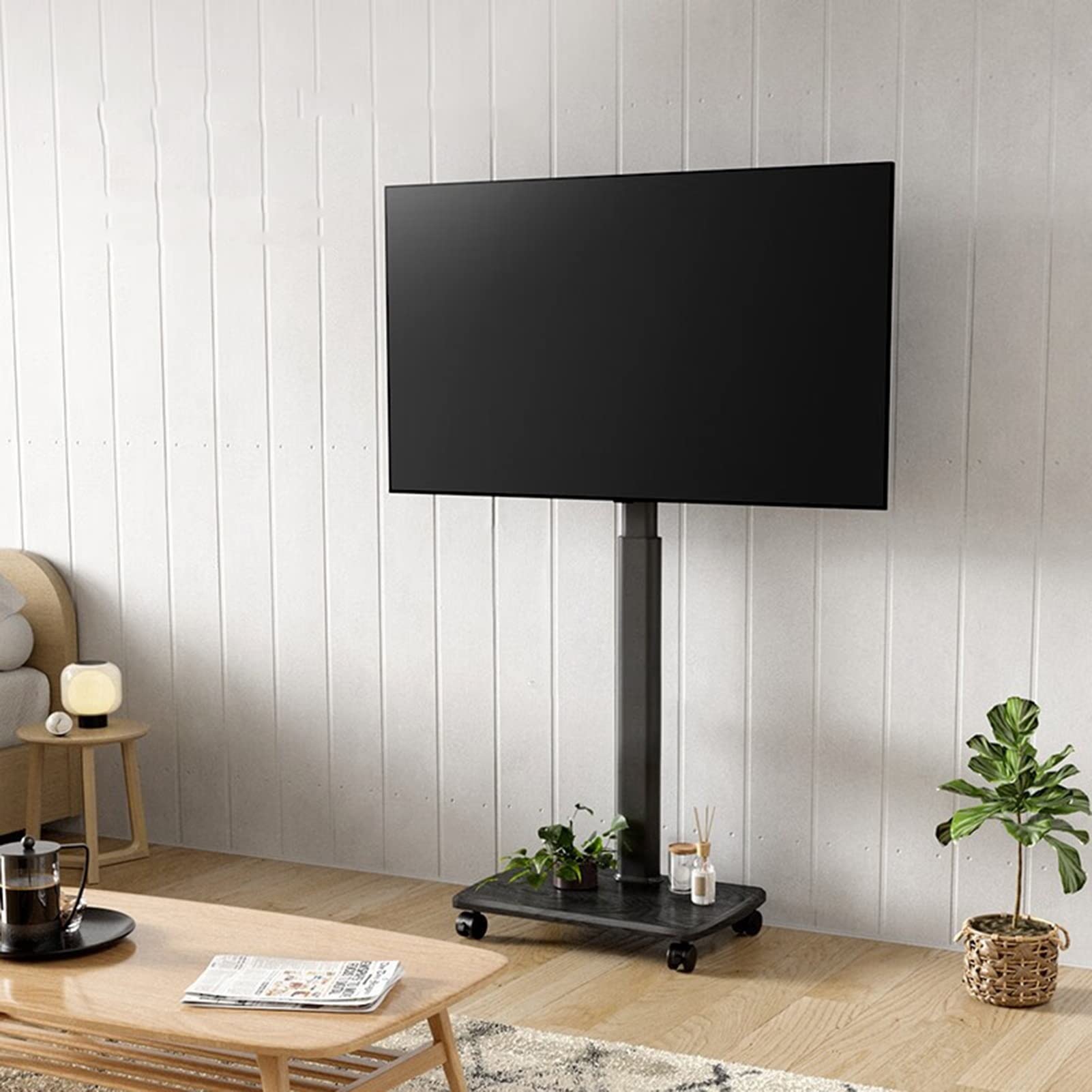 OLSKFUH Universal Tv Stand Mobile Tv Cart With Wheels For 37-75 Inch Tvs, Rolling Floor Tv Stand With Wooden Base, 360°Rotation, Max 600X400Mm, Black,