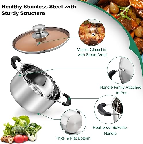 Miniatura 10 de TeamFar Olla de 4 cuartos de galón, olla de pasta de sopa de acero inoxidable con tapa, asas dobles a prueba de calor, no tóxica y saludable, fácil