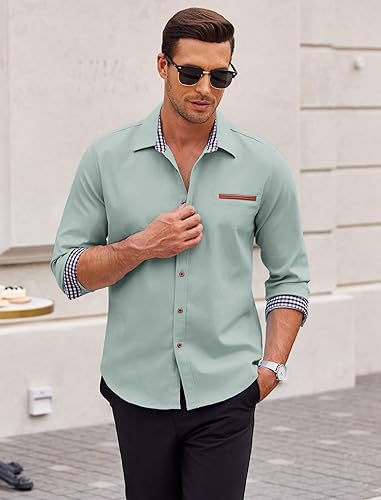 Miniatura 3 de COOFANDY Camisas casuales de manga larga con botones para hombre, camisas sin tapar, cuello a cuadros, camisa de mezclilla vintage