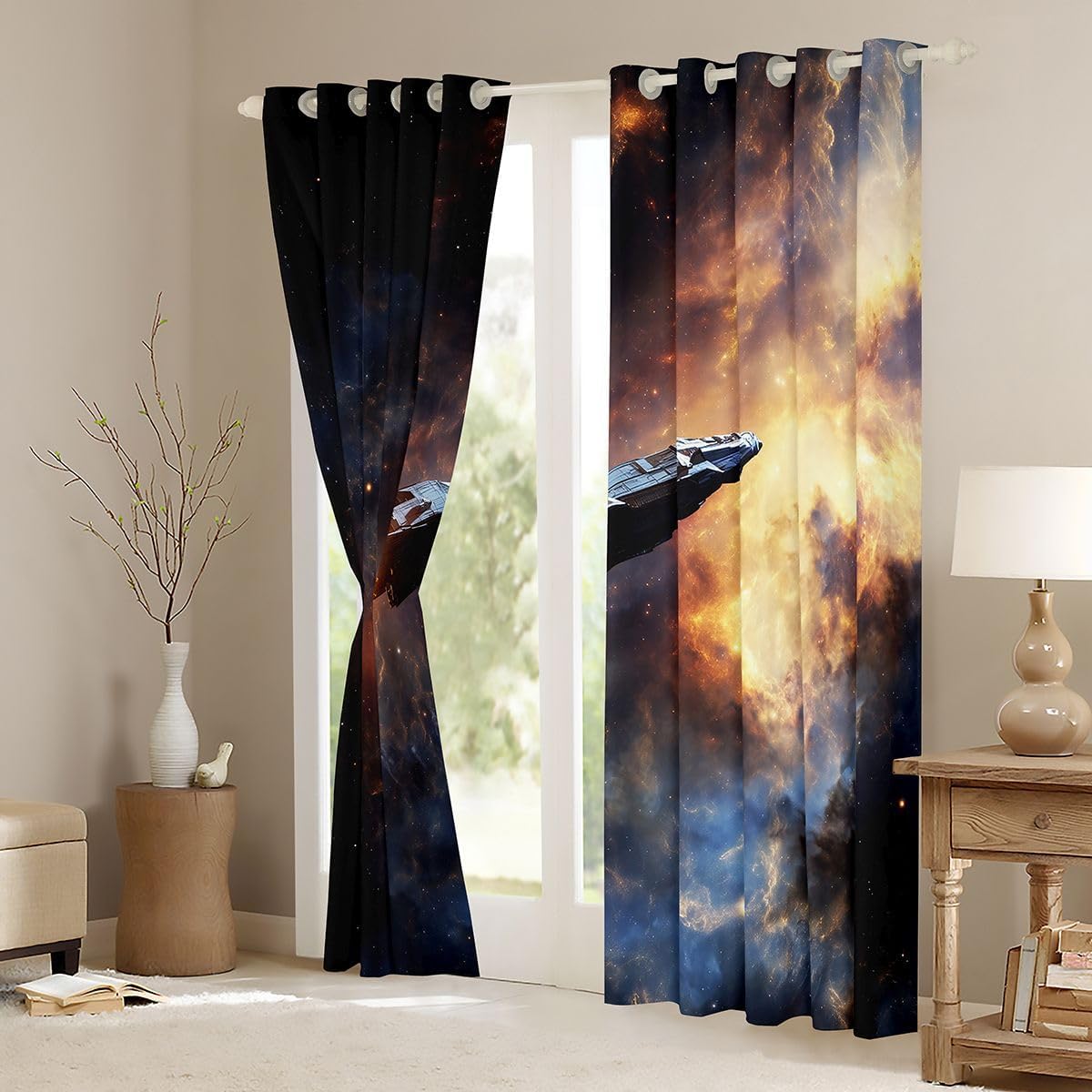 Outer Space Spaceship Starry Moon Bedroom Curtains Mystic Spacecraft Universe Bookshelf Window Drapes for Kids Space Aesthetics Blackout Drapes Window Treatments Grommet Top 38Wx45L Inch 2 Panel Set