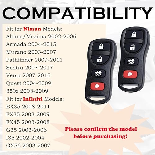 Miniatura 2 de Llavero de repuesto con control remoto de entrada sin llave para Nissan Altima Maxima Armada Murano Pathfinder Sentra 2007-2017 Versa Quest 350z