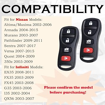 Keyless Entry Remote Control Key Fob Replacement Fits for Nissan Altima Maxima Armada Murano Pathfinder Sentra 2007-2017 Versa Quest 350z Infiniti EX35 FX35 FX45 G35 I35 QX56 Buttons KBRASTU15