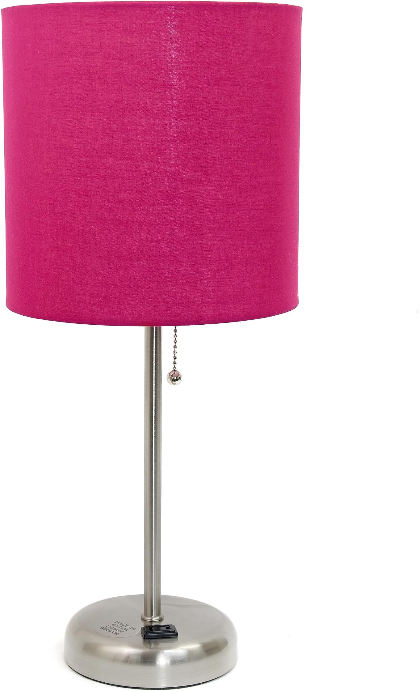 Simple Designs LT2024-PNK Brushed Steel Stick Table Desk Lamp with Charging Outlet and Drum Fabric Shade, Pink
