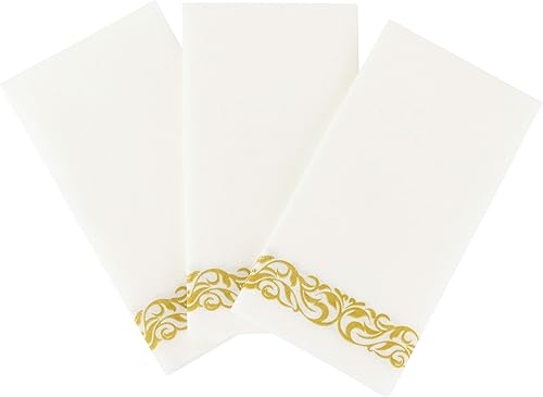 Miniatura 9 de Party Bargains Toallas desechables de lino para invitados, paquete de 100, 13 x 16 pulgadas, color blanco con impresión dorada, toallas de mano de